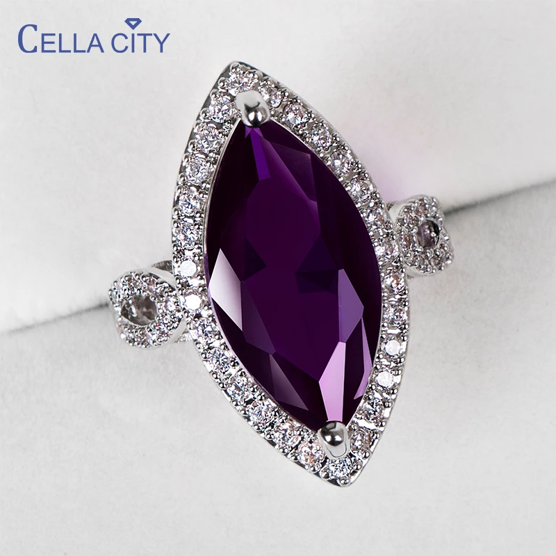 Cellacity Classic Silver 925 Rings With 10*20mm Big Amethyst Gemstone Horse Eye Zircon Lady Fine Jewelry Women Party Wholesale