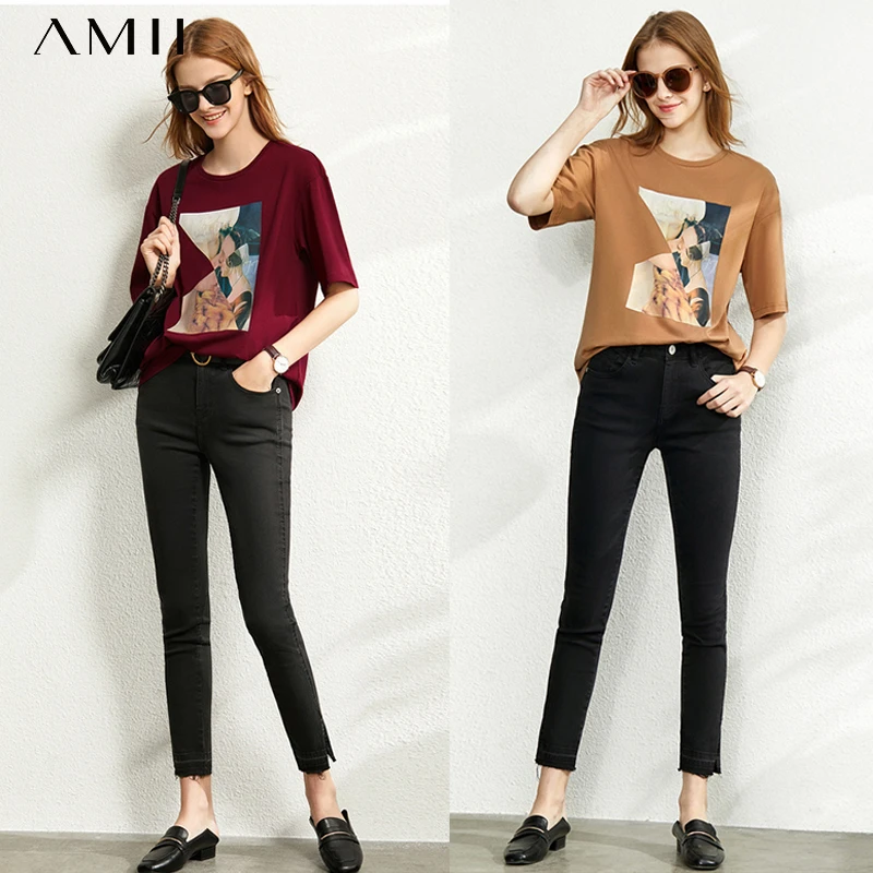 Amii Minimalism Summer new tshirt for women offical lady vintage round neck printed cotton loose women's T-shirt tops 12020007