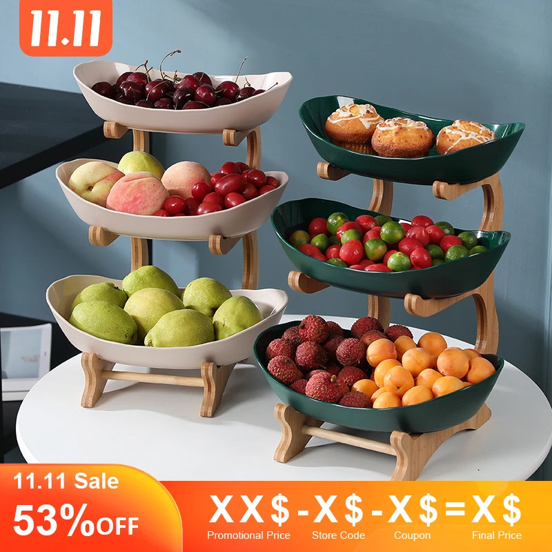 2/3 Tiers Plastic Fruit Plates With Wood Holder Oval Serving Bowls for Party Food Server Display Stand Fruit Candy Dish Shelves