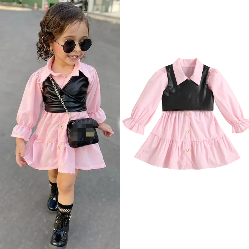 FOCUSNORM Autumn Fashion Kids Girls Dress 2pcs Outfits 1-6Y Solid Single Breasted Shirts Dress+PU Leather Vest