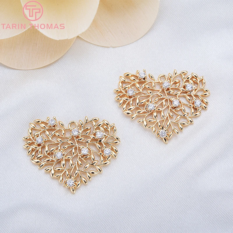 4PCS 21x27MM 24K Champagne Gold Color Plated Brass with Zircon Heart Charms Pendants High Quality Diy Jewelry Accessories