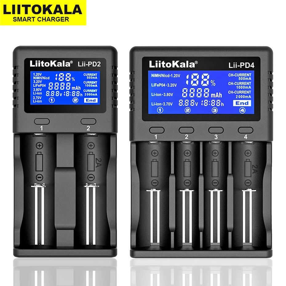 Liitokala Lii-PD2 Lii-PD4 LCD 3.7V/1.2V/3.2V/3.8V  NiMH 18650 18350 18500 21700 20700 26650 Recharge Lithium Battery Charger