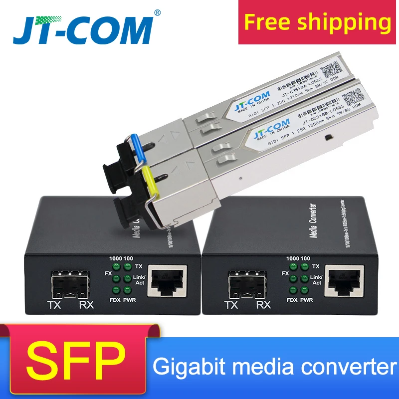 Gigabit Media Converter SFP Transceiver Module 5KM 1000Mbps Fast Ethernet RJ45 to Fiber Optic switch 2 port SC Single Mode