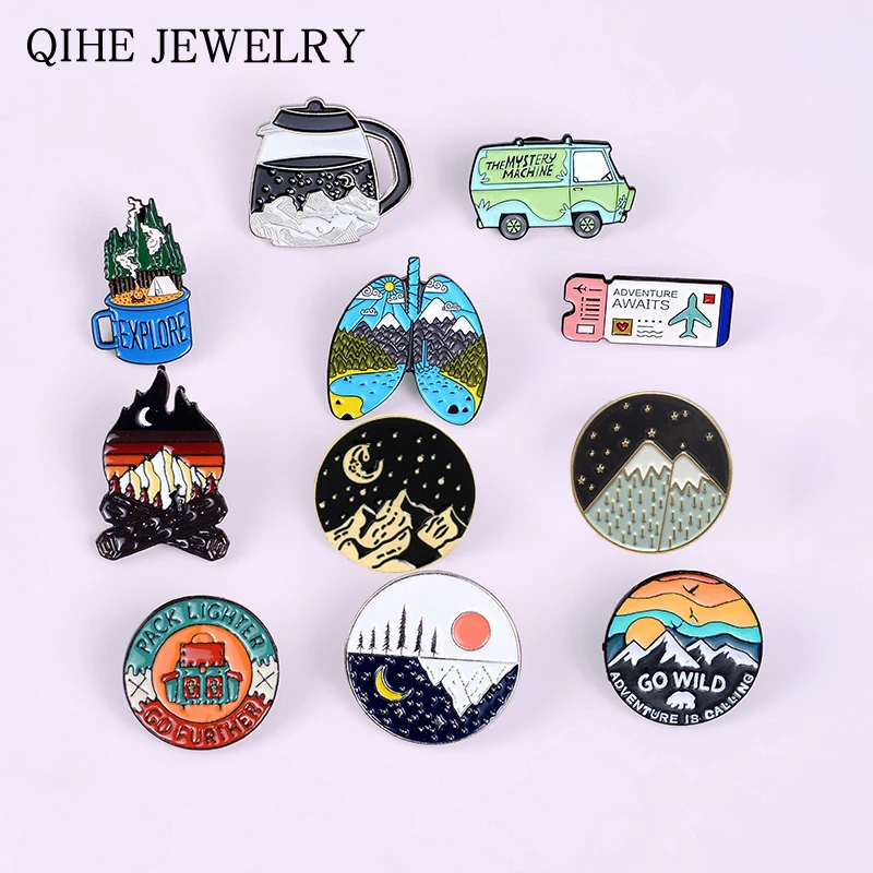 Outdoors Adventure Enamel Pins Wild Hiking Travel Brooches Collection Bus Mountain Camping Firewood Explore Nature Badges