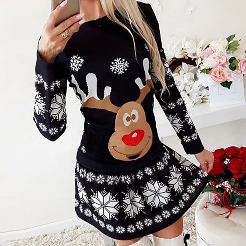 Christmas 2020 Snowflake Deer Printed Women Dress Spring Autumn Long Sleeve O Neck Mini Dress Fashion Elegant Ladies Party Dress