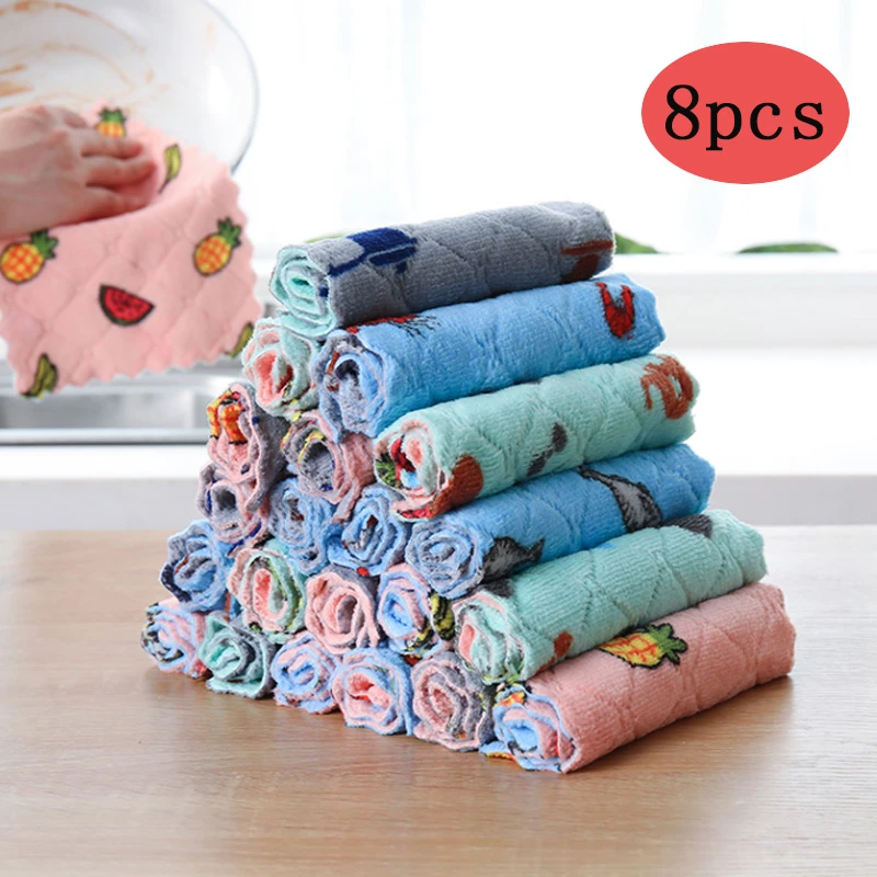 8PCS Kitchen Microfiber Towel Absorbent Dish Cloth Non-Stick Oil Washing Kitchen Rag Household Tableware Cleaning Wiping Tools