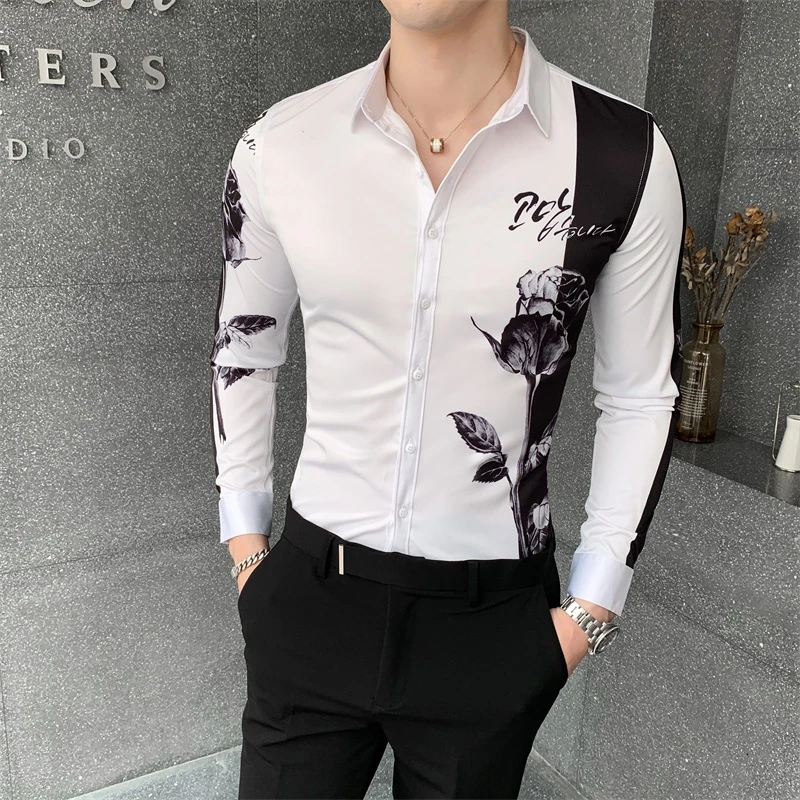 Camisa Masculina Fashion Patchwork Color Digital Print Long Sleeve Shirt Men Clothing 2021 Simple Slim Fit Casual Chemise Homme
