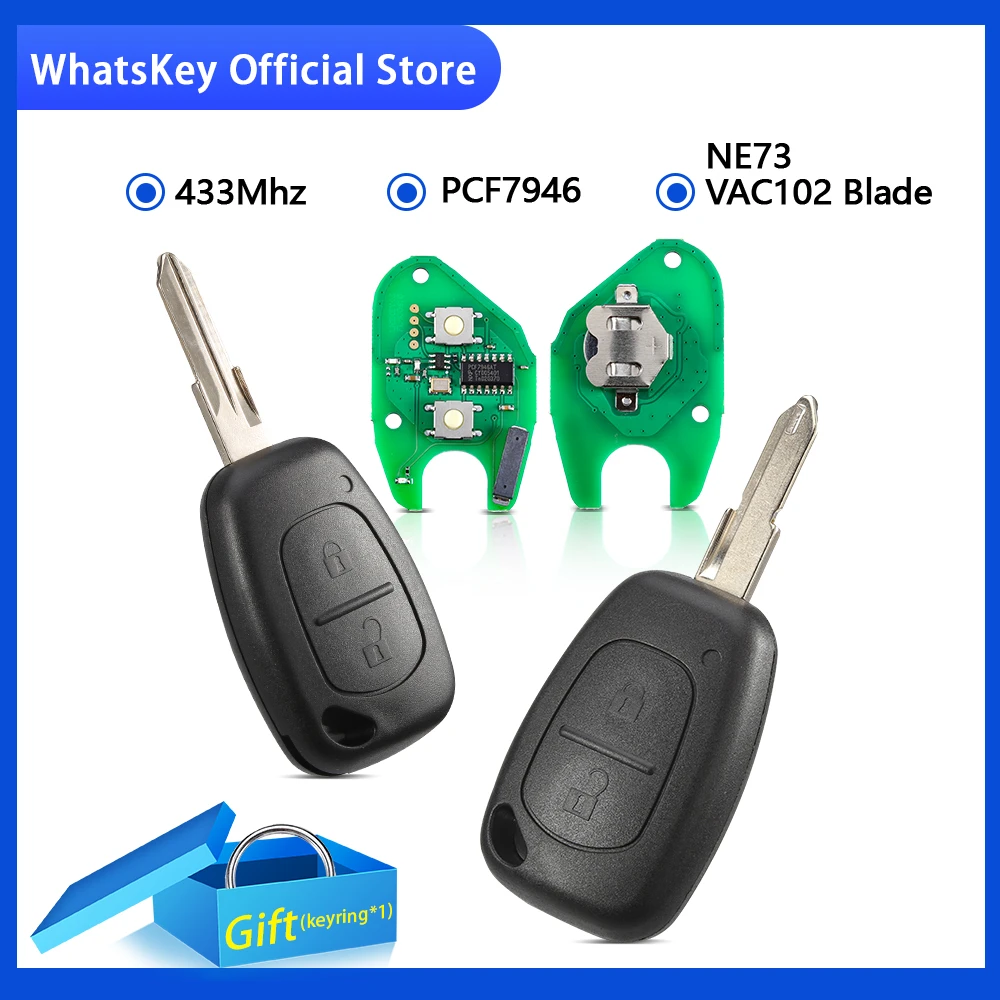 WhatsKey 2 Button Remote Key 433Mhz ID46 PCF7946 Chip For Vauxhall/Opel/Renault Vivaro Trafic Master Clio Scenic Movano Kangoo