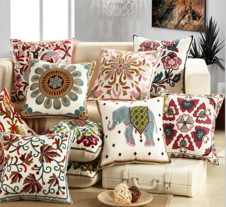Cotton Canvas Embroidery Flower Pillow Cushion / Decorative Pillow sofa Home Decor Throw Pillow pillowcase