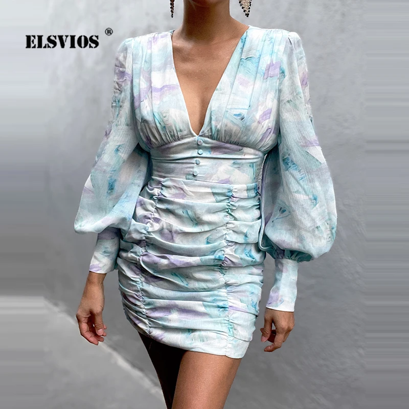 Lantern Sleeve Fashion Streetwear Dress Casual Sexy V-Neck Pleated Bodycon Mini Dresses 2021 Spring Summer Elegant Slim Vestidos