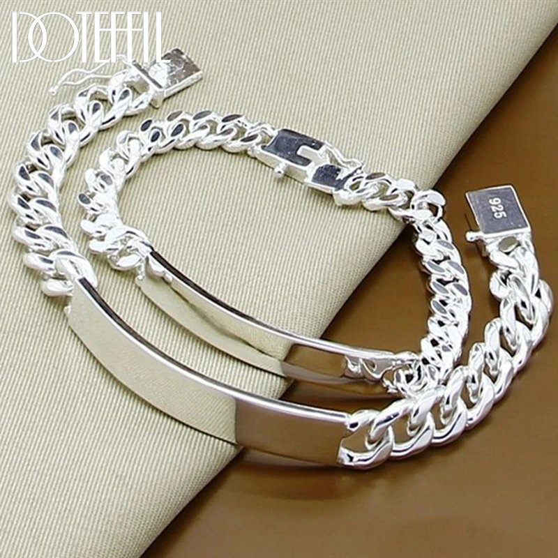 DOTEFFIL 925 Sterling Silver 2pcs Bracelet 10mm Smooth Sideways Chain For Men Women Wedding Engagement Party Jewelry