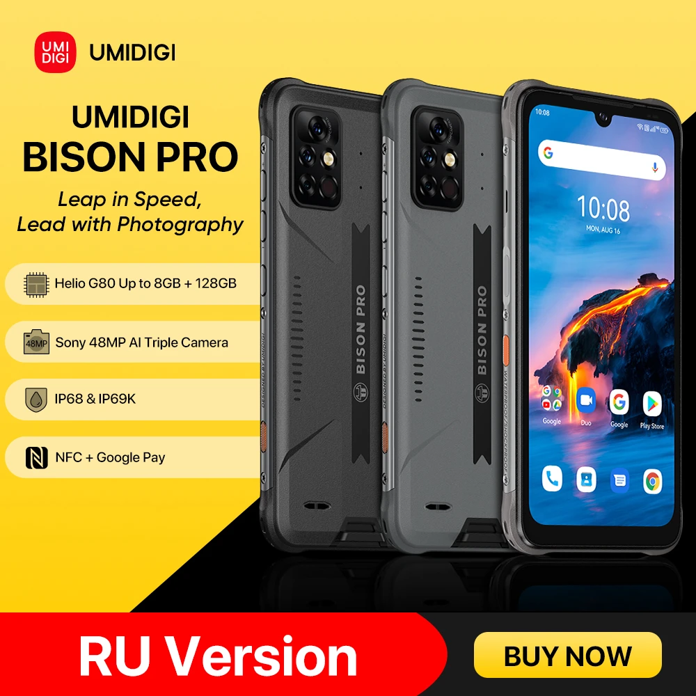 UMIDIGI BISON Pro RU Version NFC Rugged Mobile Phone 128GB IP68 Helio G80 48MP Triple Camera 6.3