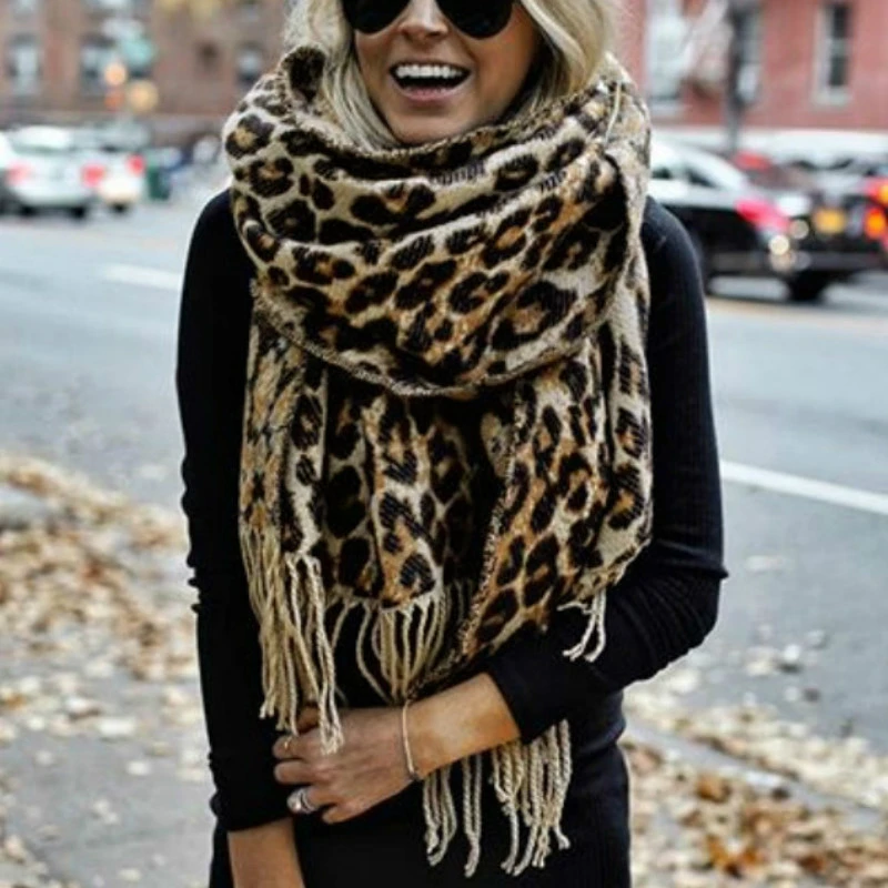 Brown Poncho Leopard Femme Winter Blanket Scarf Warm Soft Cashmere Thicken Long Ladies Tassel Scarves Women 2021 Poncho Foulard