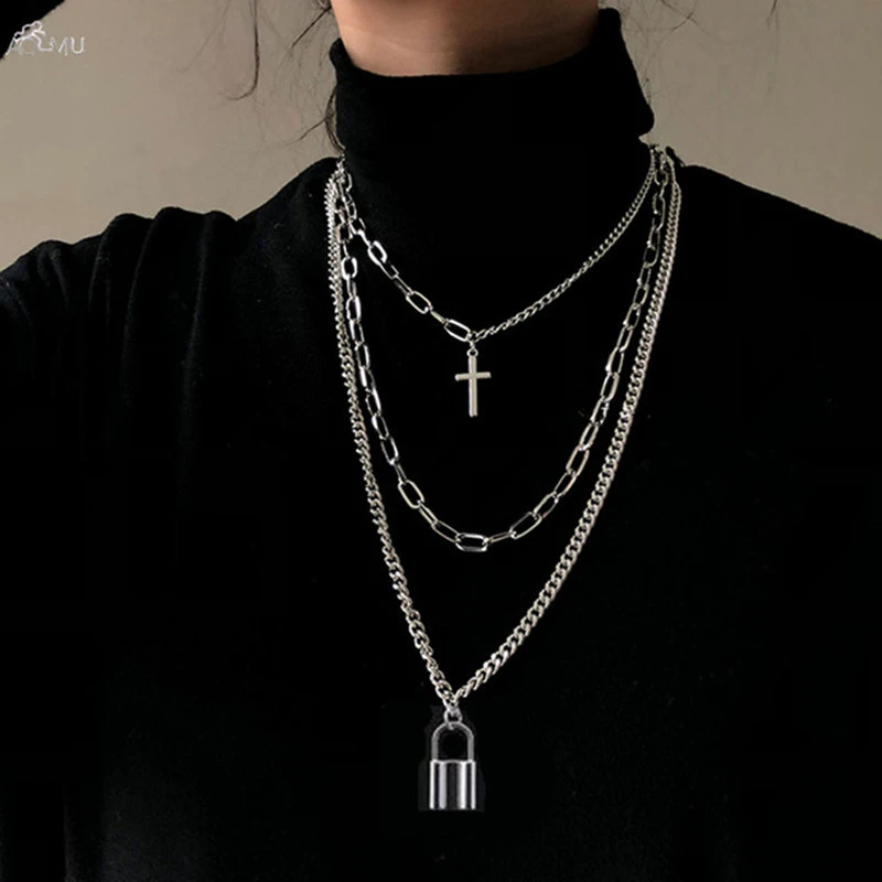 AOMU 2020 Fashion Multilayer Hip Hop Long Chain Necklace For Women Men Jewelry Gifts Key Cross Pendant Necklace Accessories