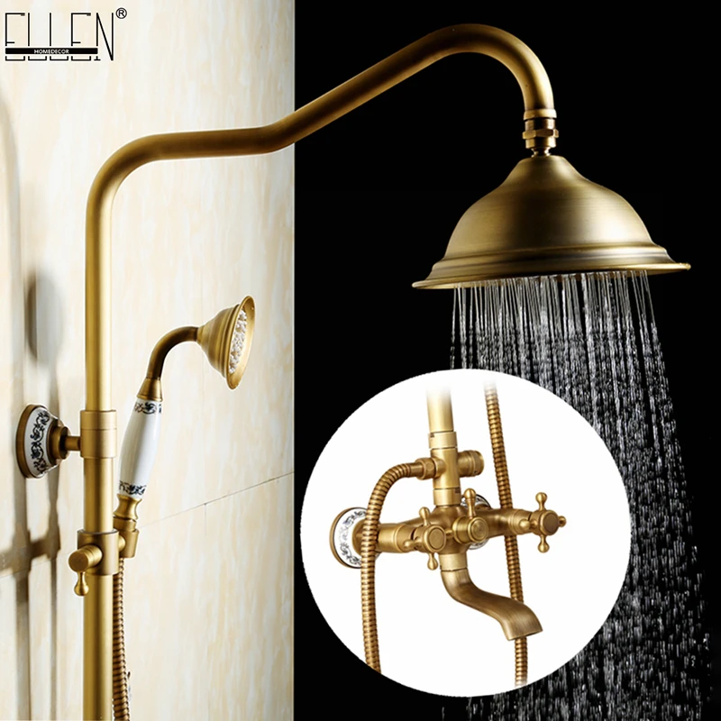 Antique Rain Shower Faucets Set with Hand Brass Wall Mounted Shower Mixer for Bathroom Bath Luxury Rainfall Shower Set EL4006T