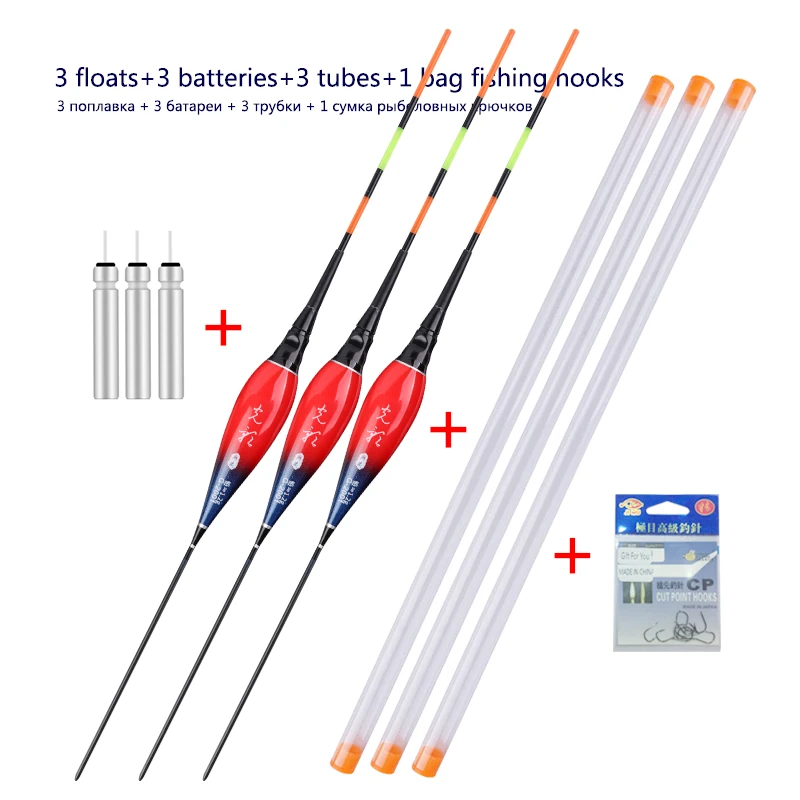 3pcs/lot Fishing Floats+3pcs Battery+3pcs Float Tubes+1 Bag Hooks Night Nano Buoy Electric Boya Fresh Water Fishing Tools Tackle