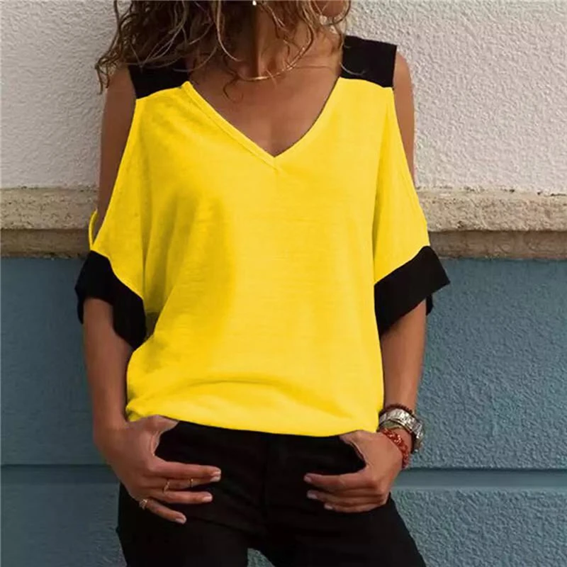 Women's Patchwork Cold Shoulder Off T-shirt Crop Top V-Neck Half Sleeve Female Tee Shirt Casual Tops women 2021 Plus Size