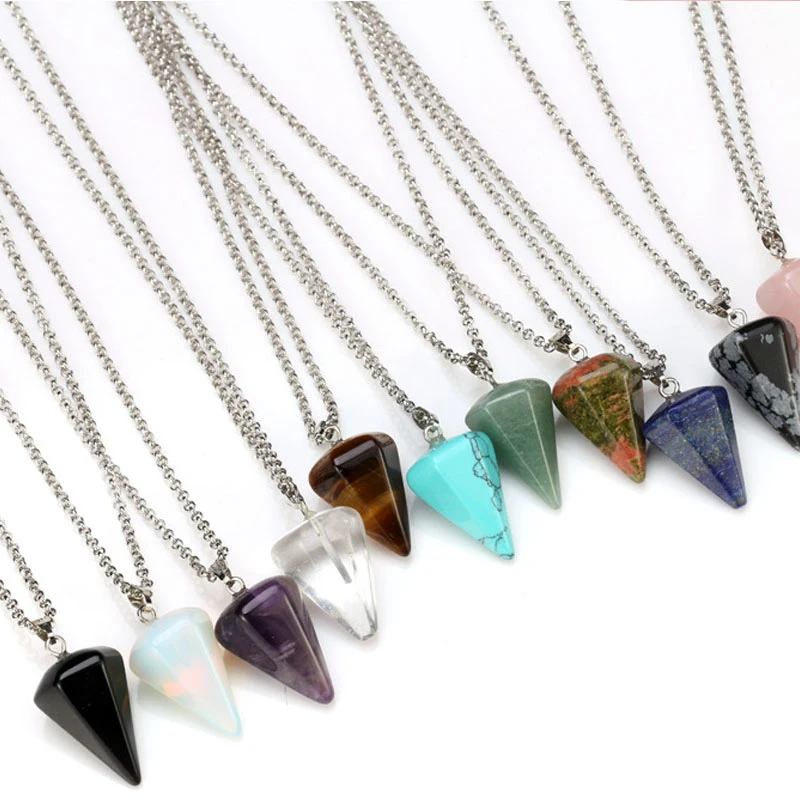 Fashion Conical Pendulum Natural Stone Taper Pendulums Silver Color Chain Crystal Pendants For Dowsing Spiritual Reiki Jewelry