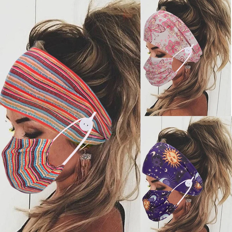 Print Elastic Hairbands for Women Fashion Headband Yoga Sport Turban Facial Fixture Mask Button Design Hair Band with Face Mask