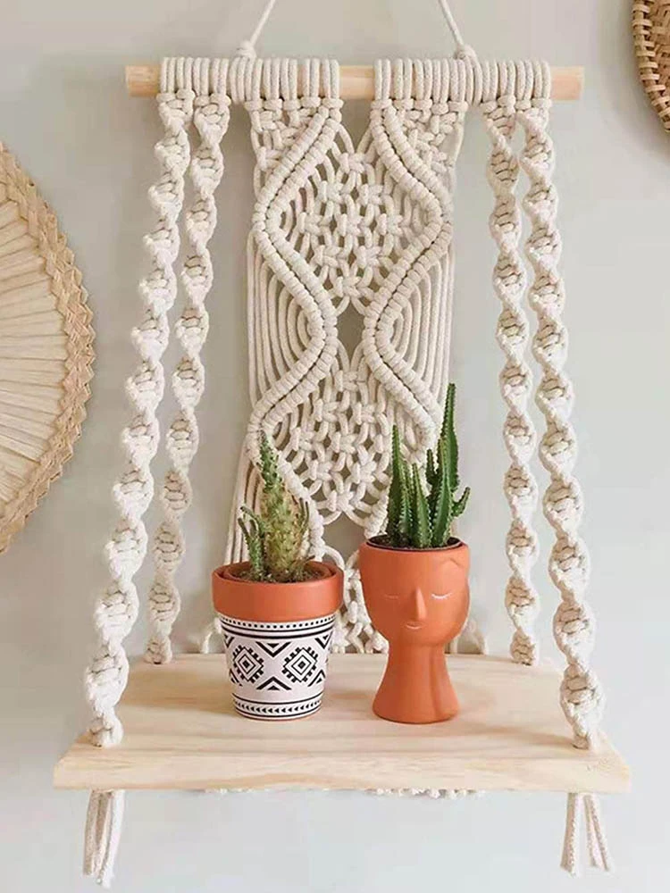 DIY Handmade Tassel Macrame Tapestry Wall Hanging Shelf Boho Cotton Rope Woven Plant Hanger Wood Floating Shelf Wall Decor