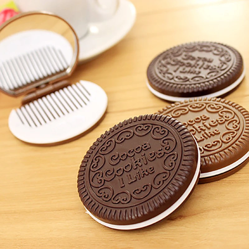 Mini Pocket Chocolate Cookie Biscuits Compact Mirror With Comb ~Cute~deep coffee color