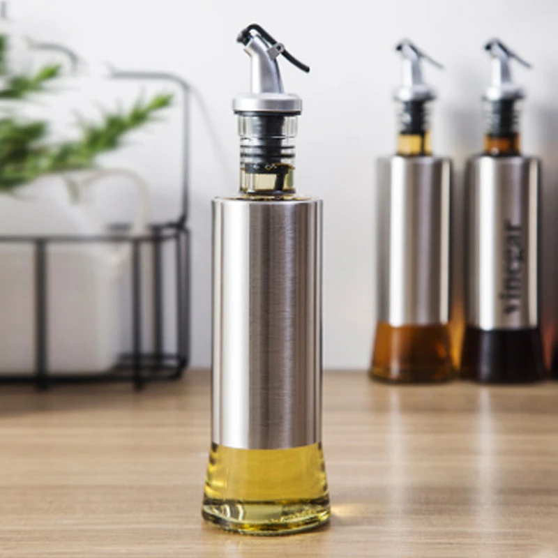 YOMDID Stainless Steel Oil Bottle Glass Leak-proof Kitchen Soy Sauce Vinegar Cruet Storage Dispenser Kitchen Tools