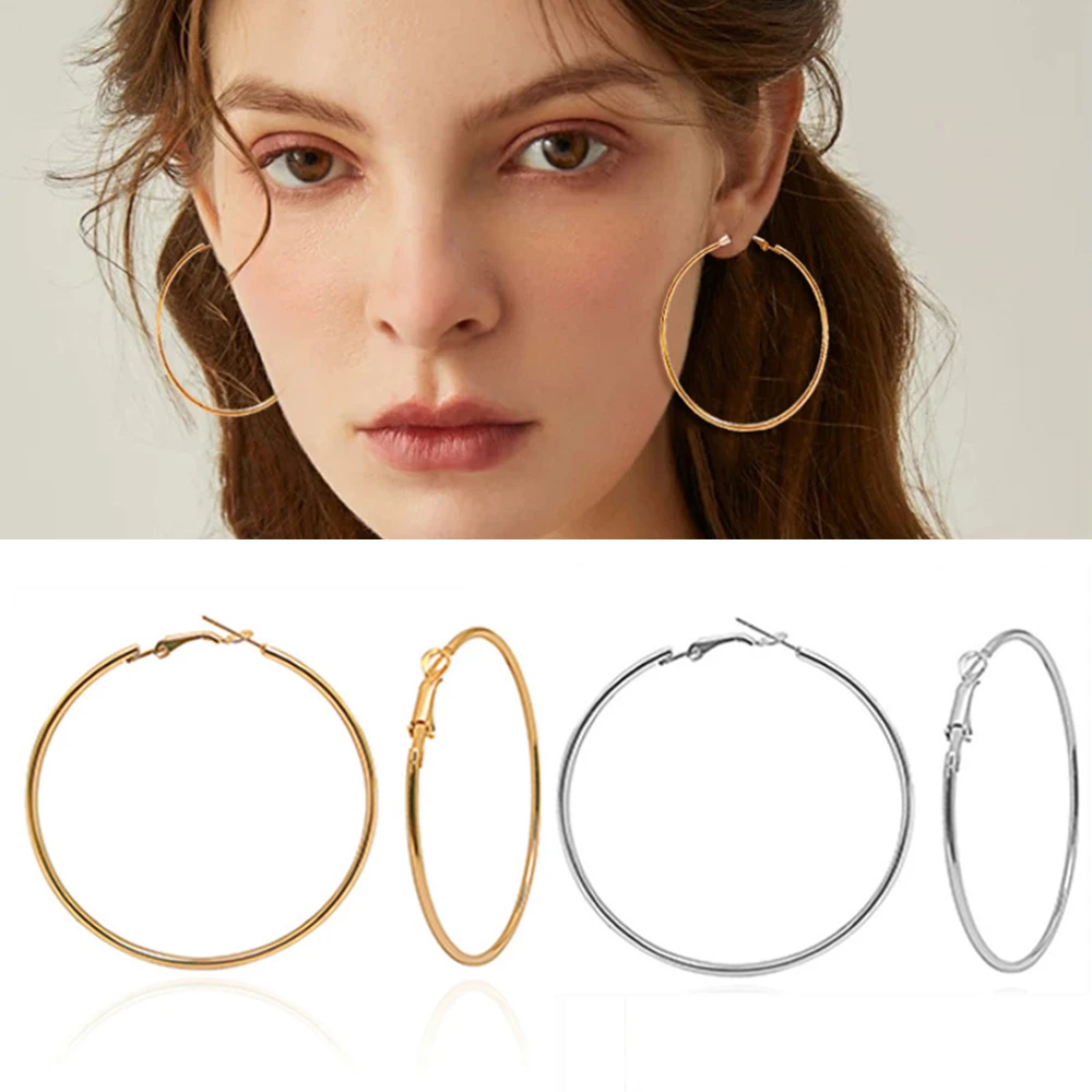 1 pair Stainless Steel Circle Women Hoop Earrings Exaggerated Hoop Ear Loop Smooth Ring Earring Jewelry from 3CM to 10CM