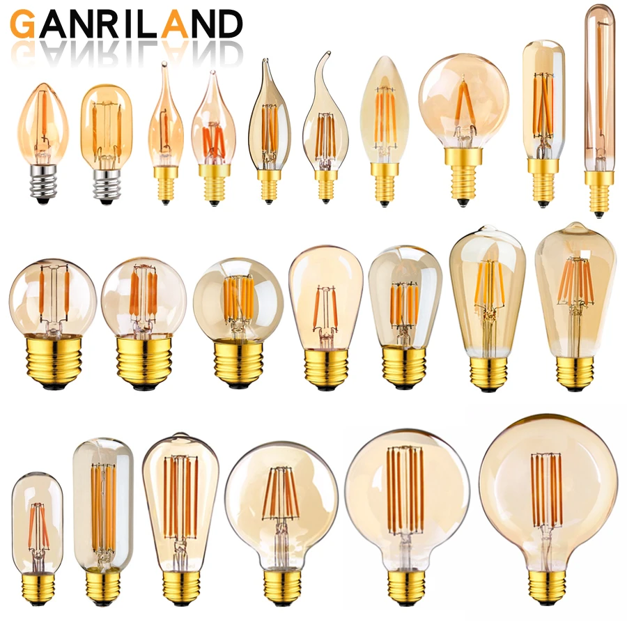 E14 E27 LED Dimmable Filament Bulb Retro Edison Light Bulb 220V Lamp Gold Tubular Chandelier Night Lamp 0.5W 1W 2W 3W 4W 6W 8W