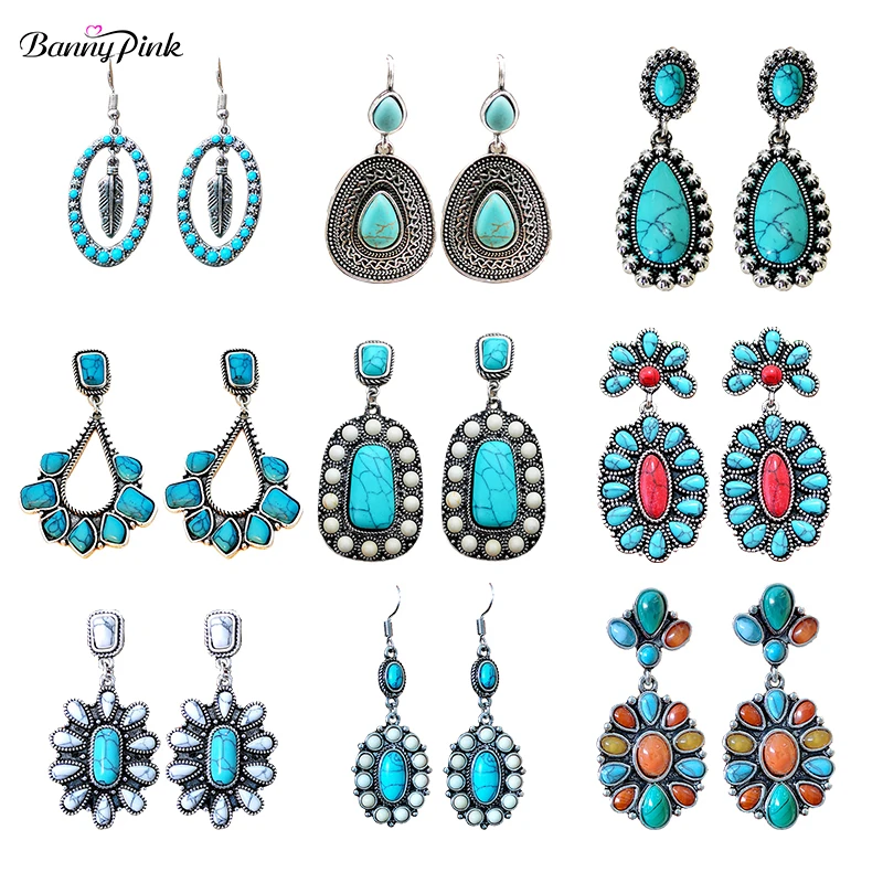 Banny Pink Bohemia Turquoises Earrings For Women Ethnic Stone Cluster Studs Earrings Vintage  Geo Statement Post Earrings Brinco