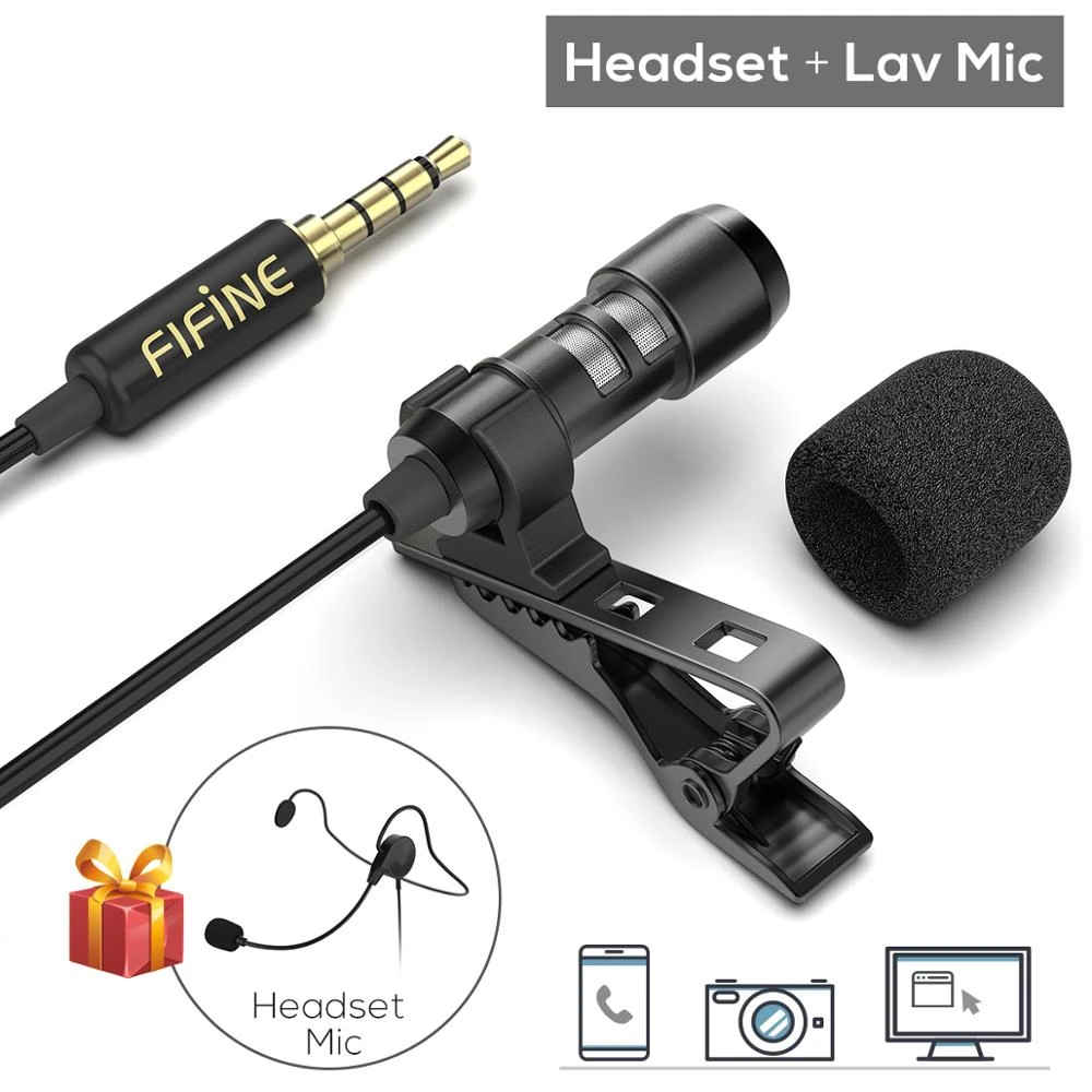 FIFINE Lavalier Lapel Microphone for Cell Phone DSLR Camera,External Headset Mic for YouTube Vlogging Video/Interview/ Podcast