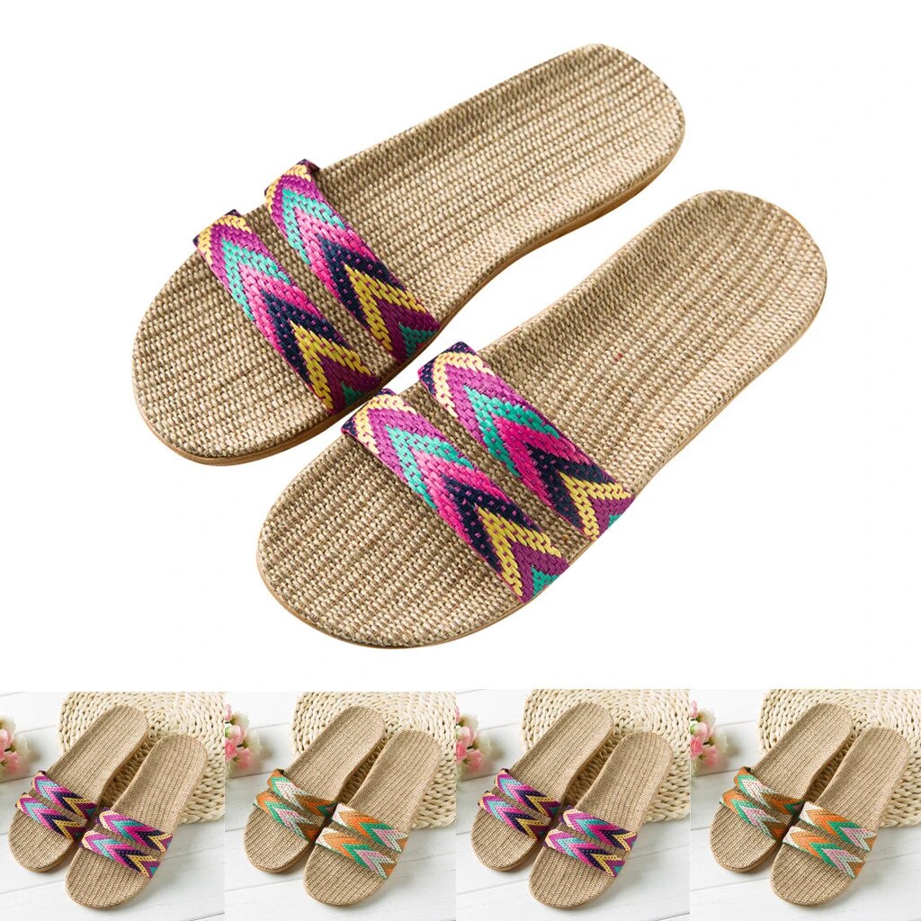 Women Hemp Slippers Fashion Bohemia Anti-slip Linen Beach Slippers Home Indoor Open Toe Flat Shoes Gir Outdoor Casual Sandals