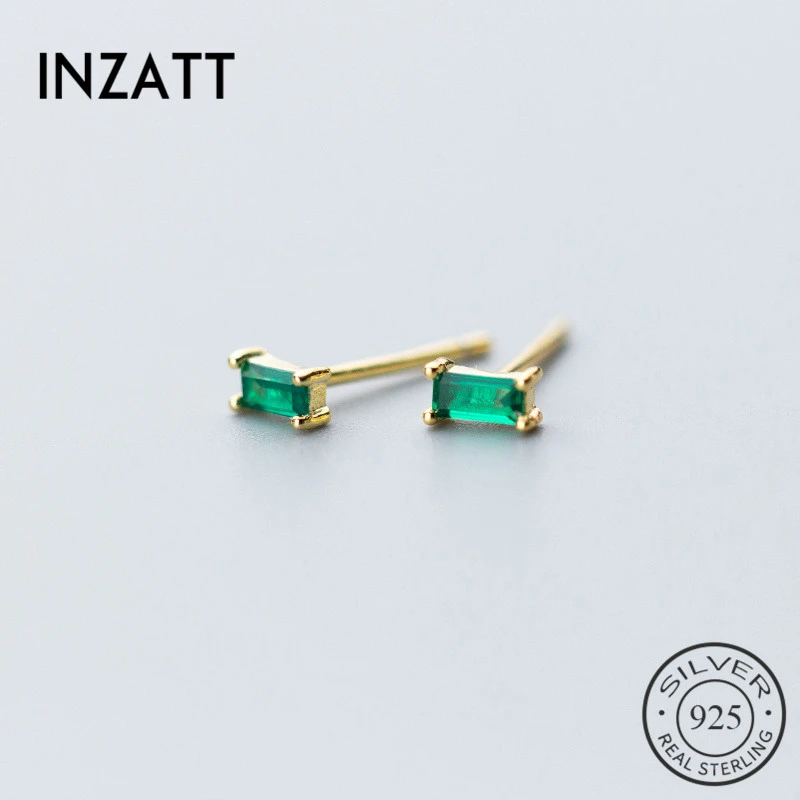 INZATT Minimalist Stud Earrings  For Women party Geometric Square Green Zircon Gold Color 925 Sterling Silver Fine Jewelry