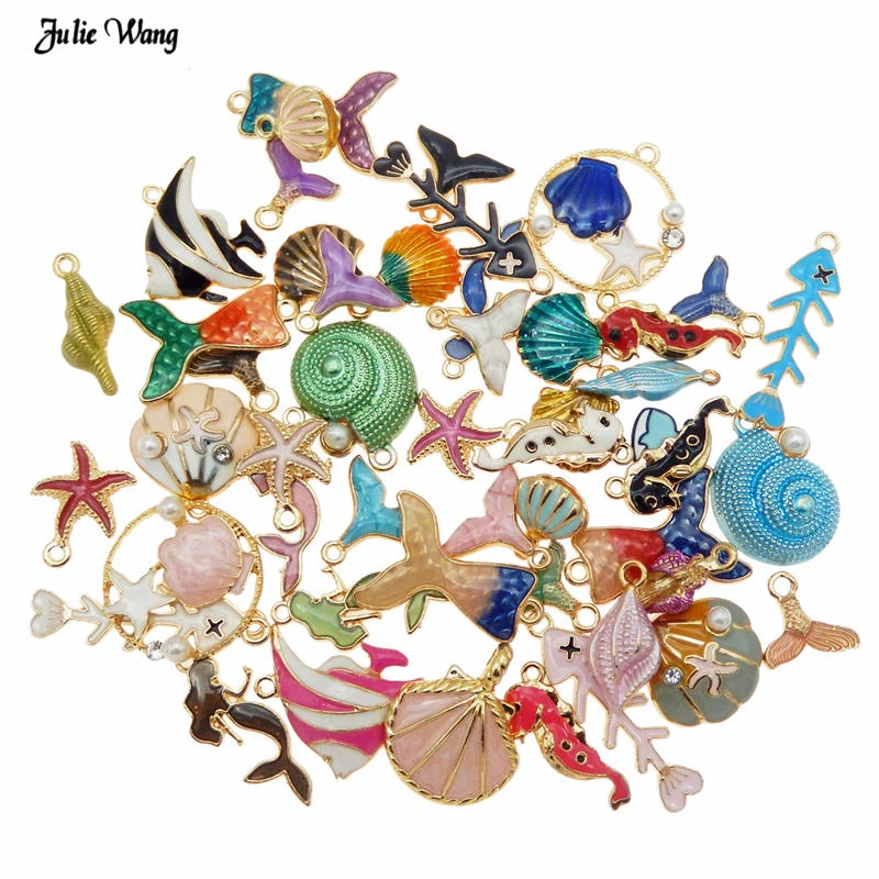 Julie Wang 20pcs Cute Alloy Enamel Animal Mermaid Charms Mixed Fish Conch Seashell Pendant Necklace Bracelet DIY Accessory