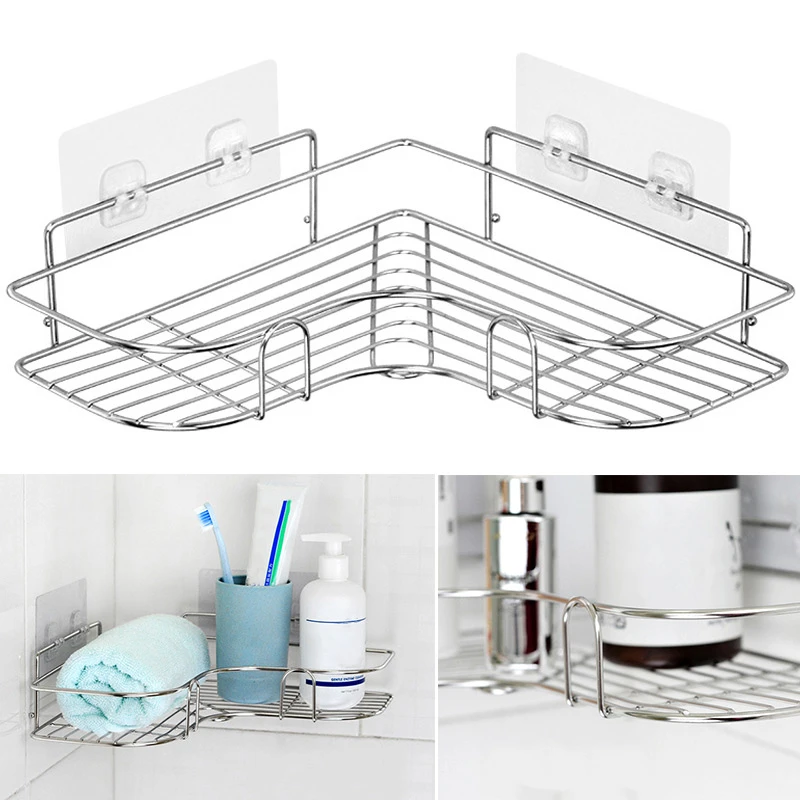 1pc Bathroom Corner Shower Rack Bathroom Shelf Stainless Steel Triangular Shampoo Soap Storage Shelves WC Kitchen Accessories