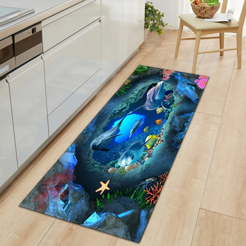 3D Ocean World Fish Carpet Kitchen Mat Entrance Doormat Bedroom Home Floor Decoration Living Room Carpet Bathroom Anti-slip Rug