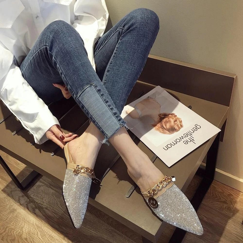 Pointed Toe Half Slippers Female Summer Wear 2021 New Fashion Rhinestone Lazy Flats Sandals Casual Slippers Metal Chain Slides