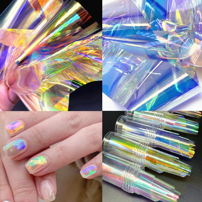 100cm/bottle Aurora Nails Glass Foil Film Sticker Cellophane Paper Korean Nail Trend Design Ice Cube Manicure DIY Decoration