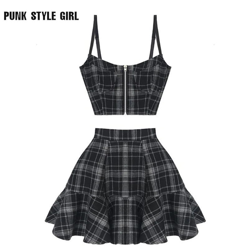 Gothic Grunge Suits Women Y2k Kawaii 2 Piece Plaid Crop Top + High Waist Mini Skirt Punk Streetwear Skirts Female Sexy 2pcs Sets