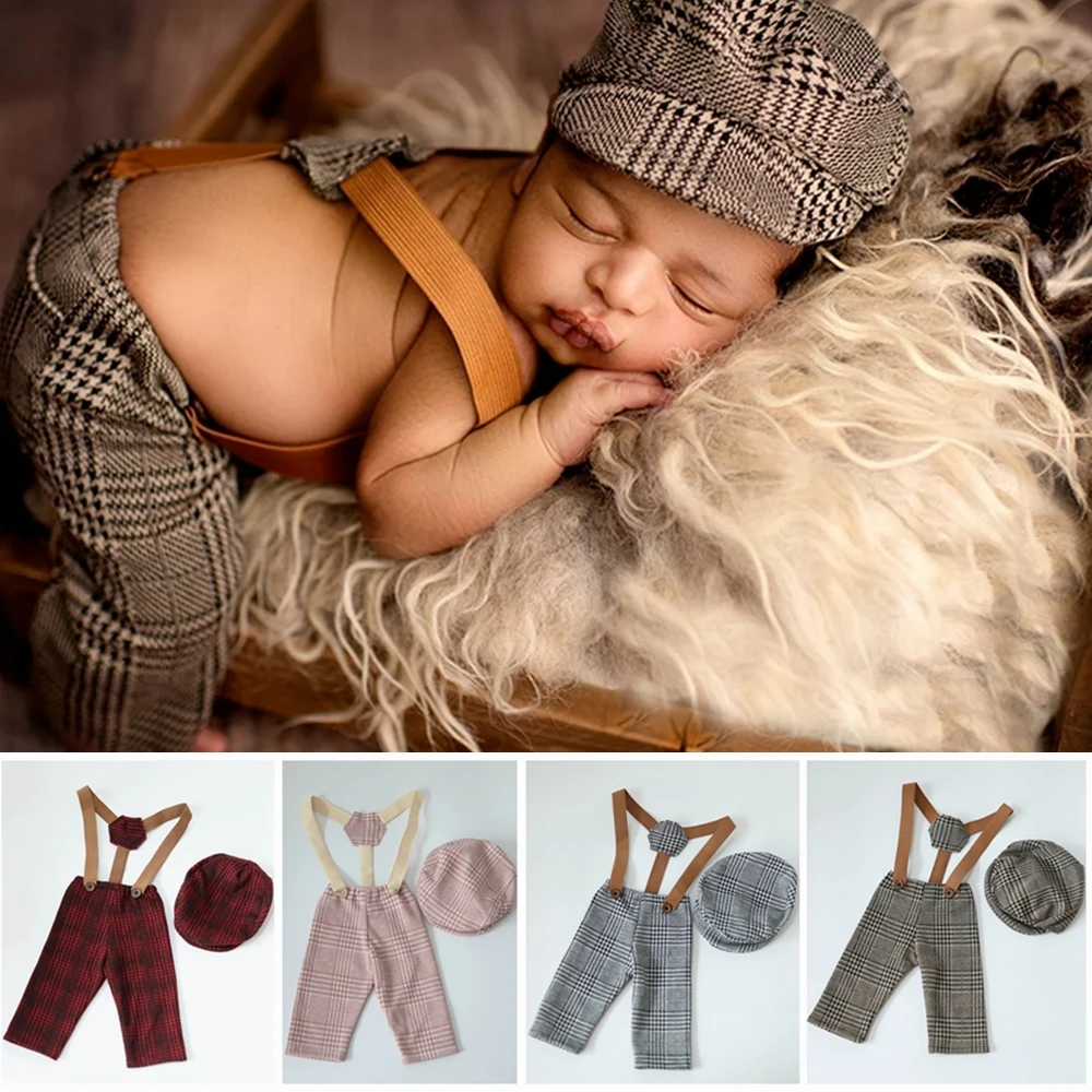 0-1M New Born Baby Clothes Girl Boy Hat Plaid Costume Little Gentleman  Newborn Photography Props Photo Studio Accessories Pants