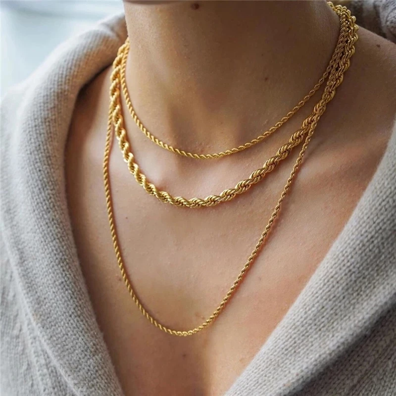 Gold Color Twisted Rope Chain Necklaces For Women Simple 3MM Stainless Steel Chains Choker Minimalist Necklace Jewelry C022