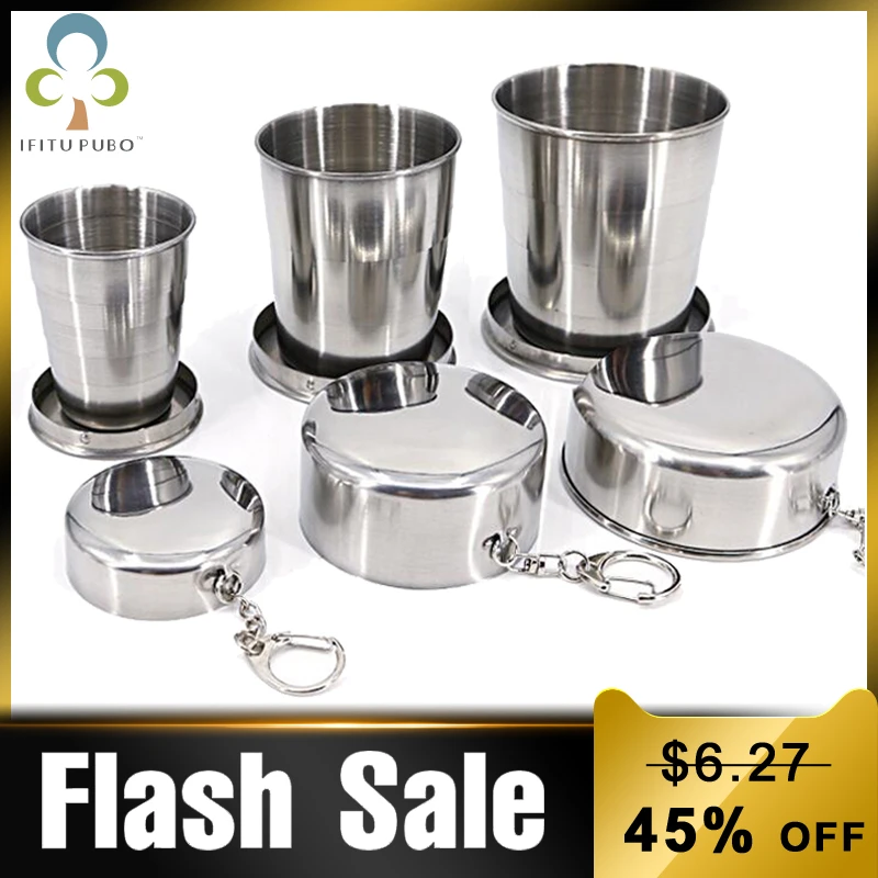 All Stainless Steel Folding Cup Portable For Outdoor Travel Retractable Telescopic Collapsible Cups With Keychain GYH