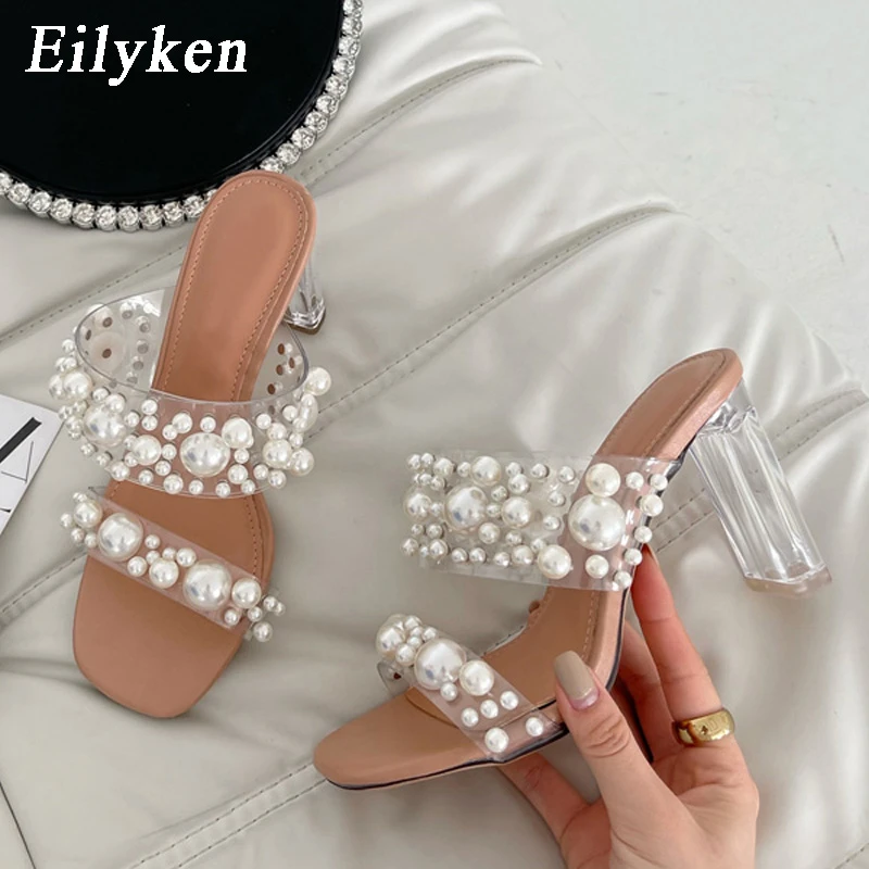 Eilyken New Transparent PVC String Bead Shoes Woman Fashion Open Toe Slippers Crystal Perspex Heels Slides Beach Sandale Femme