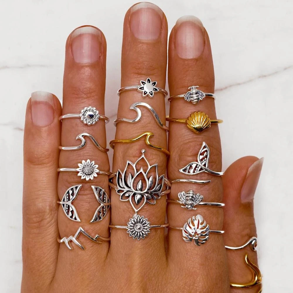 15pcs/set Boho Fish Tail Little Bee Lotus Shell Joint Ring Set Women Fashion Personality Jewelry Accessories Wholesale