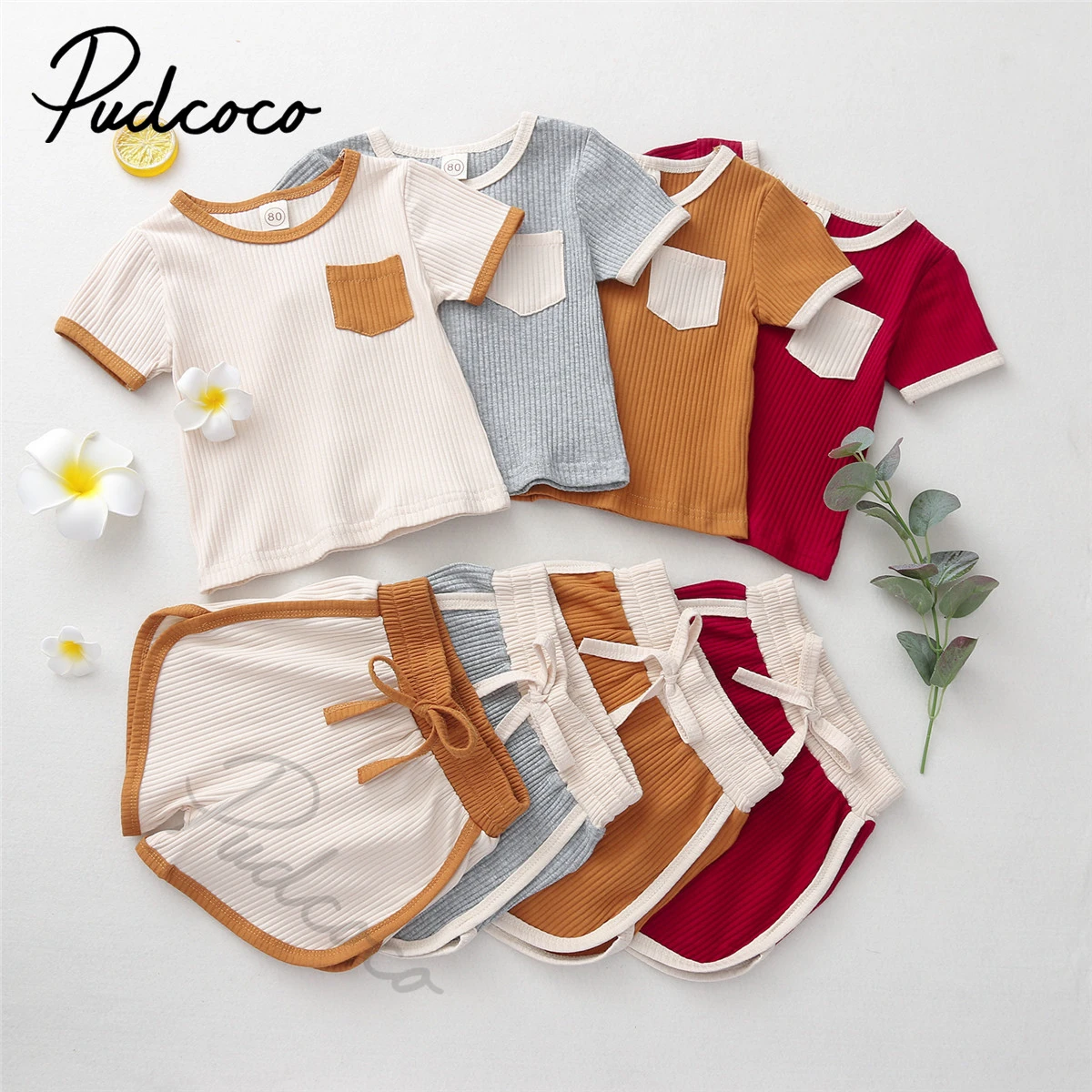 2021 Baby Summer Clothing Kids Baby 2-piece Ribed Outfit Set Short Sleeve Pocket Top+Shorts Set for Children Boys Girls