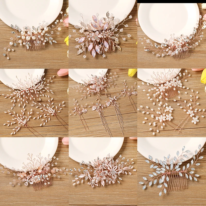 4 Pcs Rose gold Color Wedding Tiara Hair Combs For Women Party Pearl Crystal Hot Sale Bridal Jewelry Hairband Handmade Headpiece