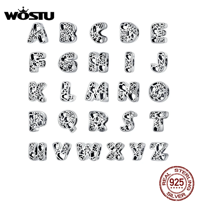 WOSTU Hot Sale 100% Real 925 Sterling Silver Letters alphabet Beads Chams Fit Original Bracelet Making DIY Name Jewelry Gift
