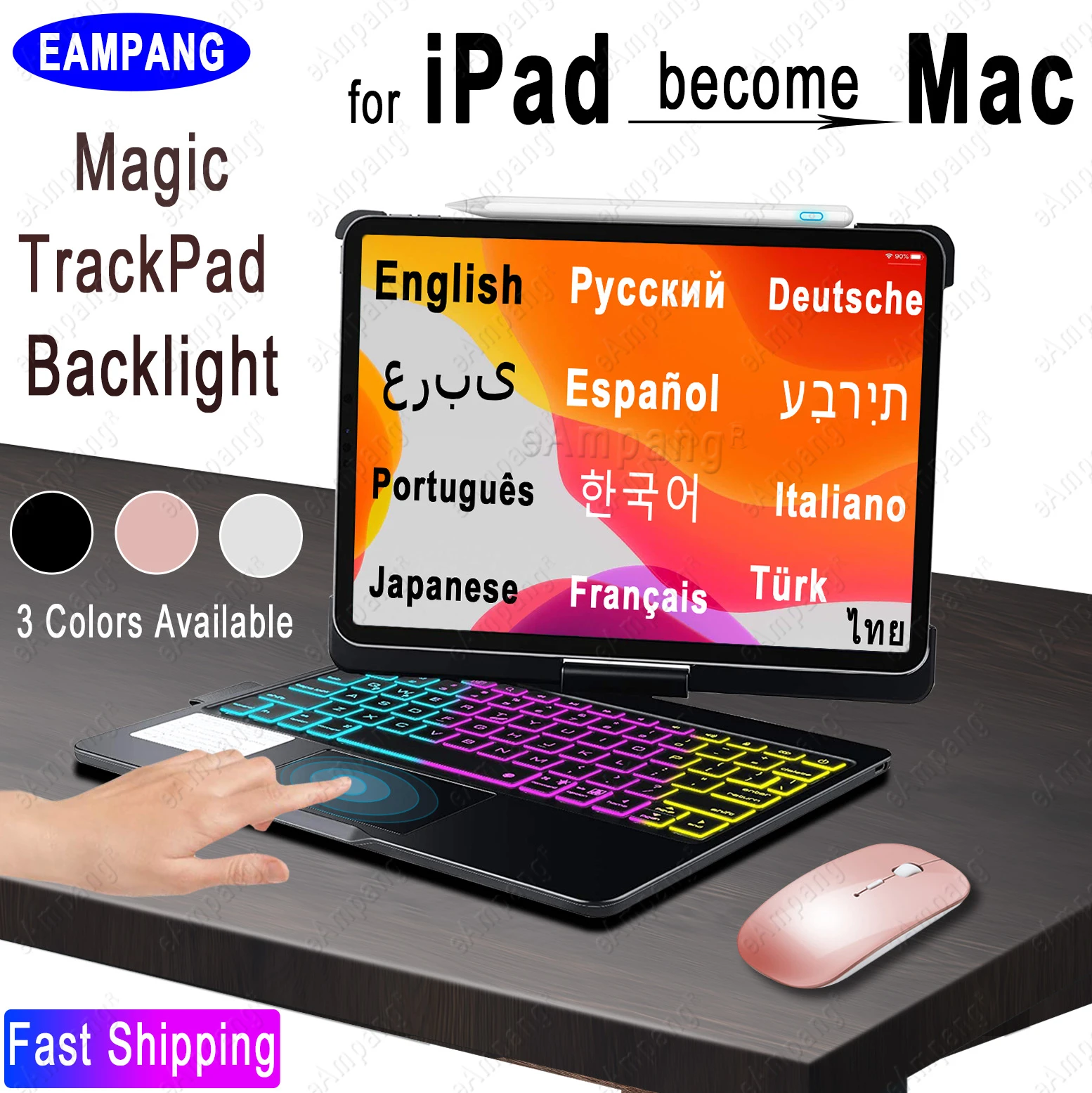 For iPad Air 4 10.9 Pro 11 2021 2020 2018 Magic Touchpad Keyboard Case Russian Spanish Arabic Korean Hebrew Keyboard Portuguese