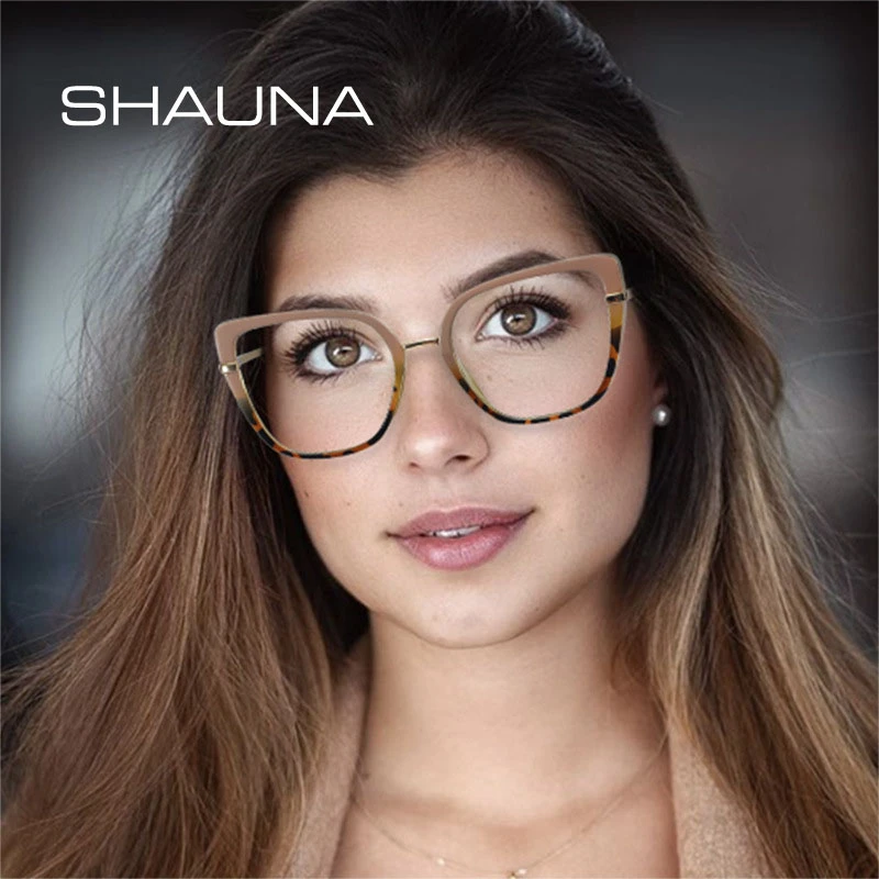 SHAUNA Fashion Cat Eye Women Optical Eyeglasses Frame Retro Clear Anti-Blu-Ray Spring Hinge Glasses Frame Men Computer Glasses