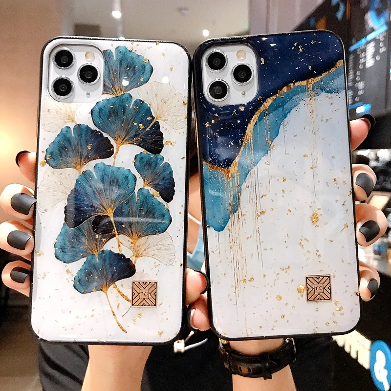 Luxury Gold Foil Phone Case For iPhone 11 12 13 mini Pro Max XS X XR 7 8 6 6S Plus SE 2020 Shockproof tree leaf Cases Cover