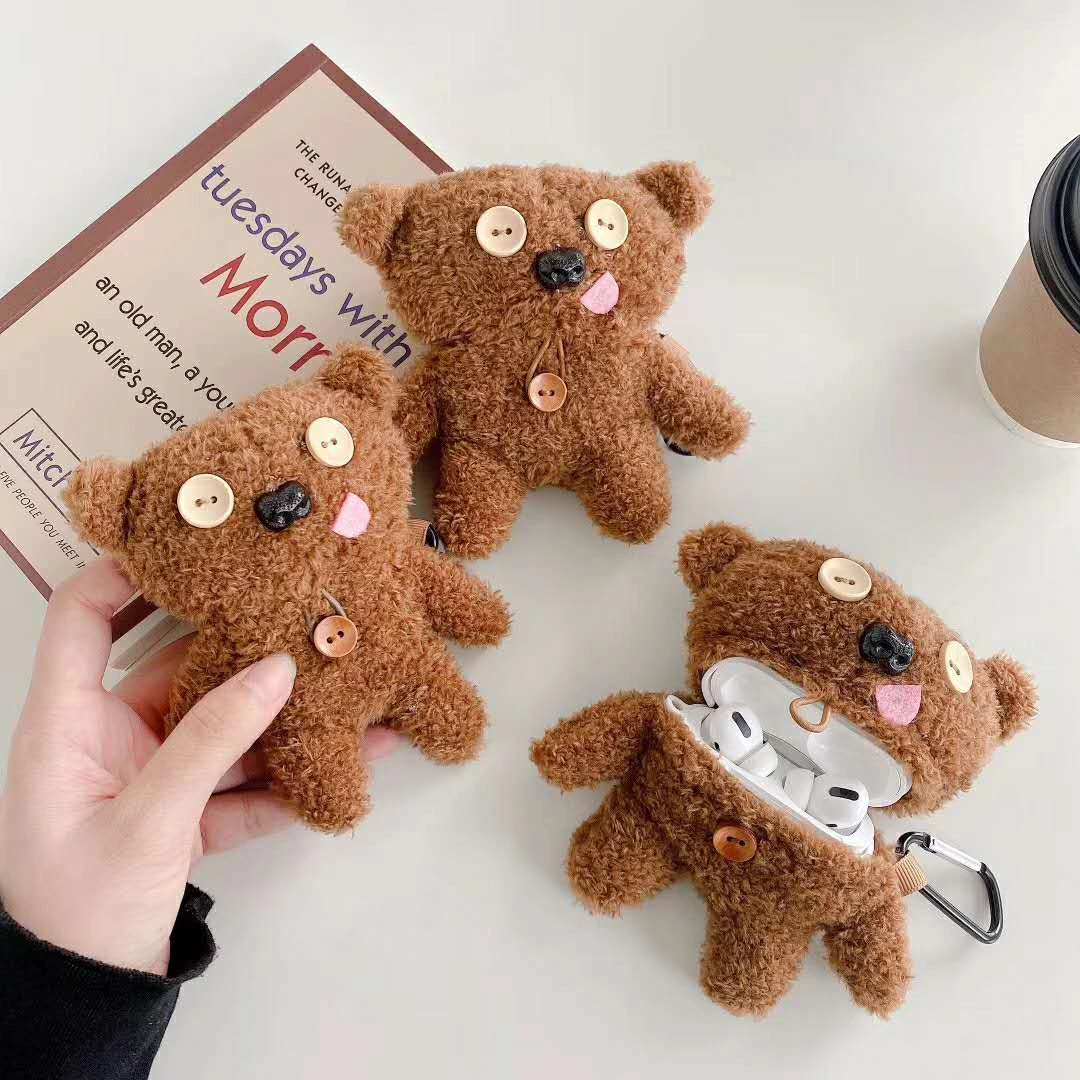 Cute Plush Buttons Bear Case for Apple Airpods 1 2 pro Bluetooth Earphone Charge Case Protective Cases Headphones Case